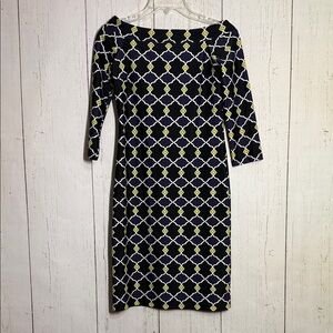 Jude Connally Black Navy Geometric Print Off the Shoulder Long Sleeve Dress XS